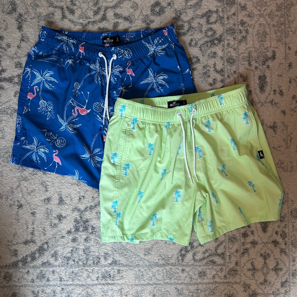 Lot of 2 - Hollister Men’s Blue Flamingo & Lime Palm Swim Trunks